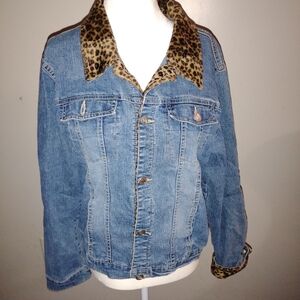 BONGO Blue Denim Jacket with Leopard Collar
